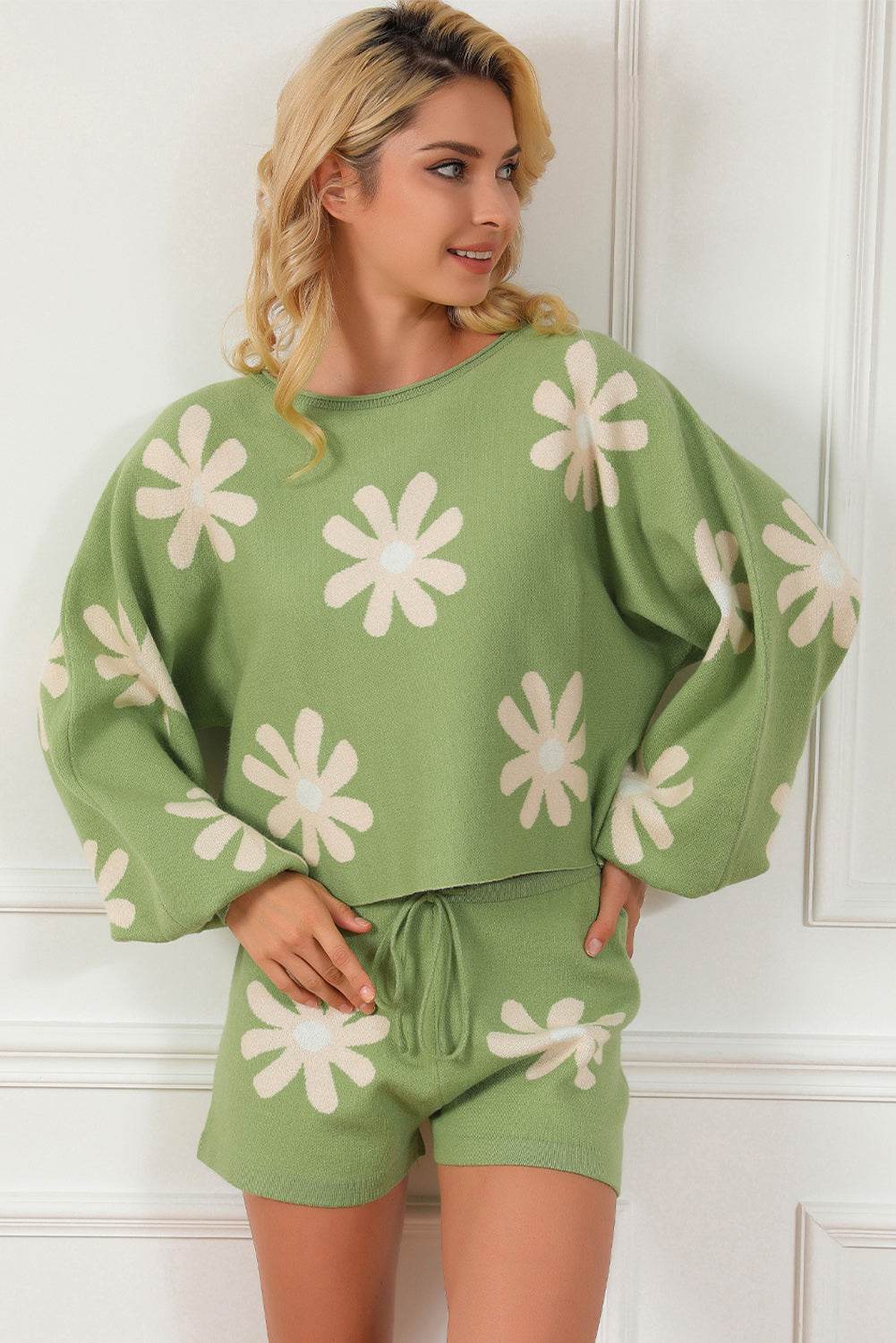 Flower Pattern Long Sleeve Sweater and Drawstring Shorts Set - DaTrendStore.Com