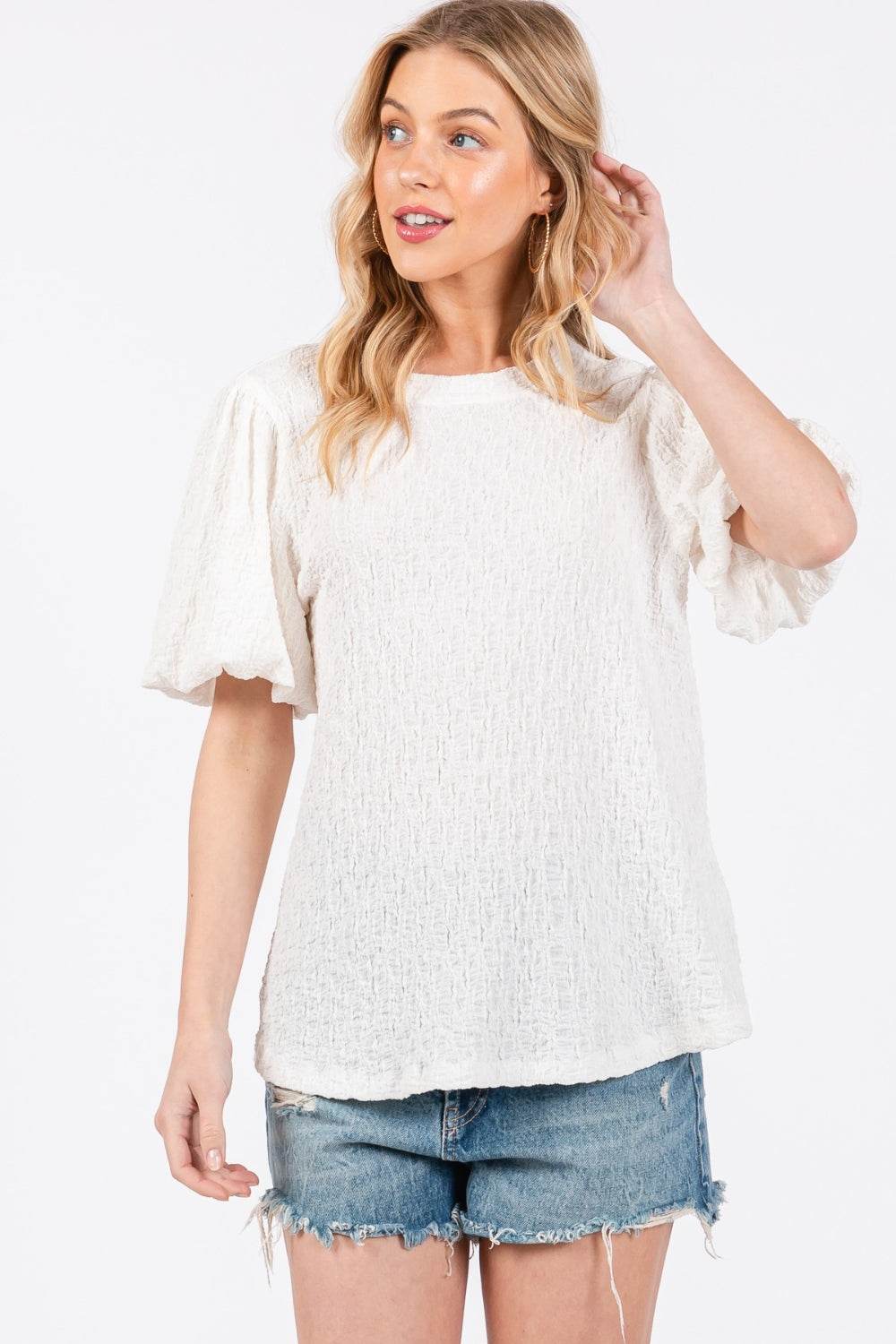 Ces Femme Textured Puff Sleeve Top - DaTrendStore.Com