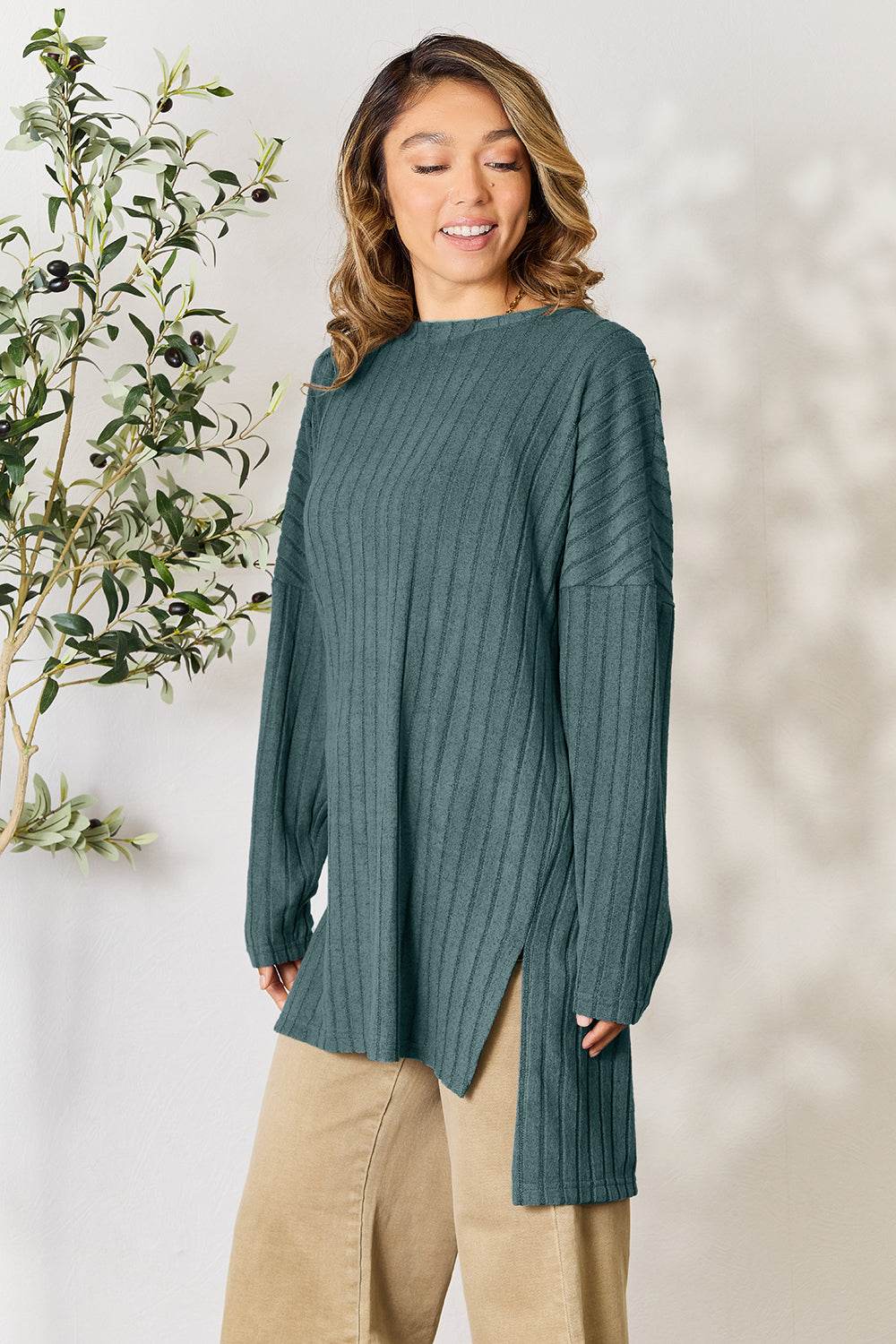 Basic Bae Full Size Ribbed Round Neck Long Sleeve Slit Top - DaTrendStore.Com