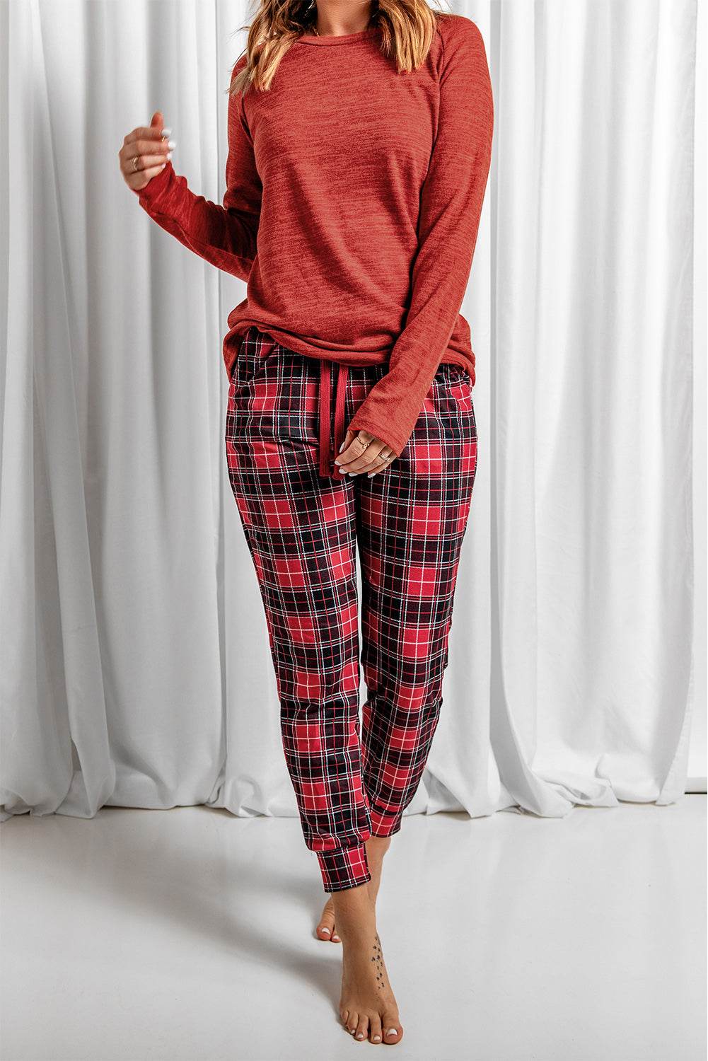 Round Neck Top and Drawstring Plaid Pants Lounge Set - DaTrendStore.Com