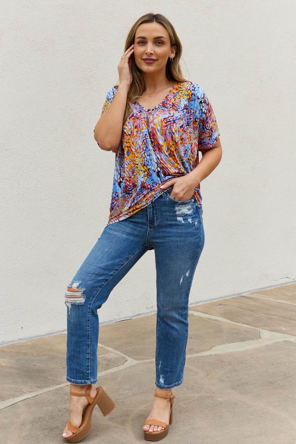 Be Stage Full Size Printed Dolman Flowy Top - DaTrendStore.Com