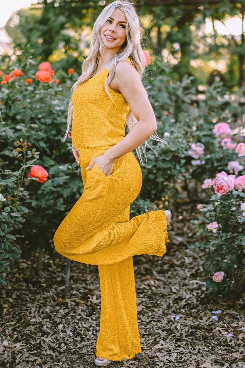 Textured Round Neck Top and Wide Leg Pants Set - DaTrendStore.Com