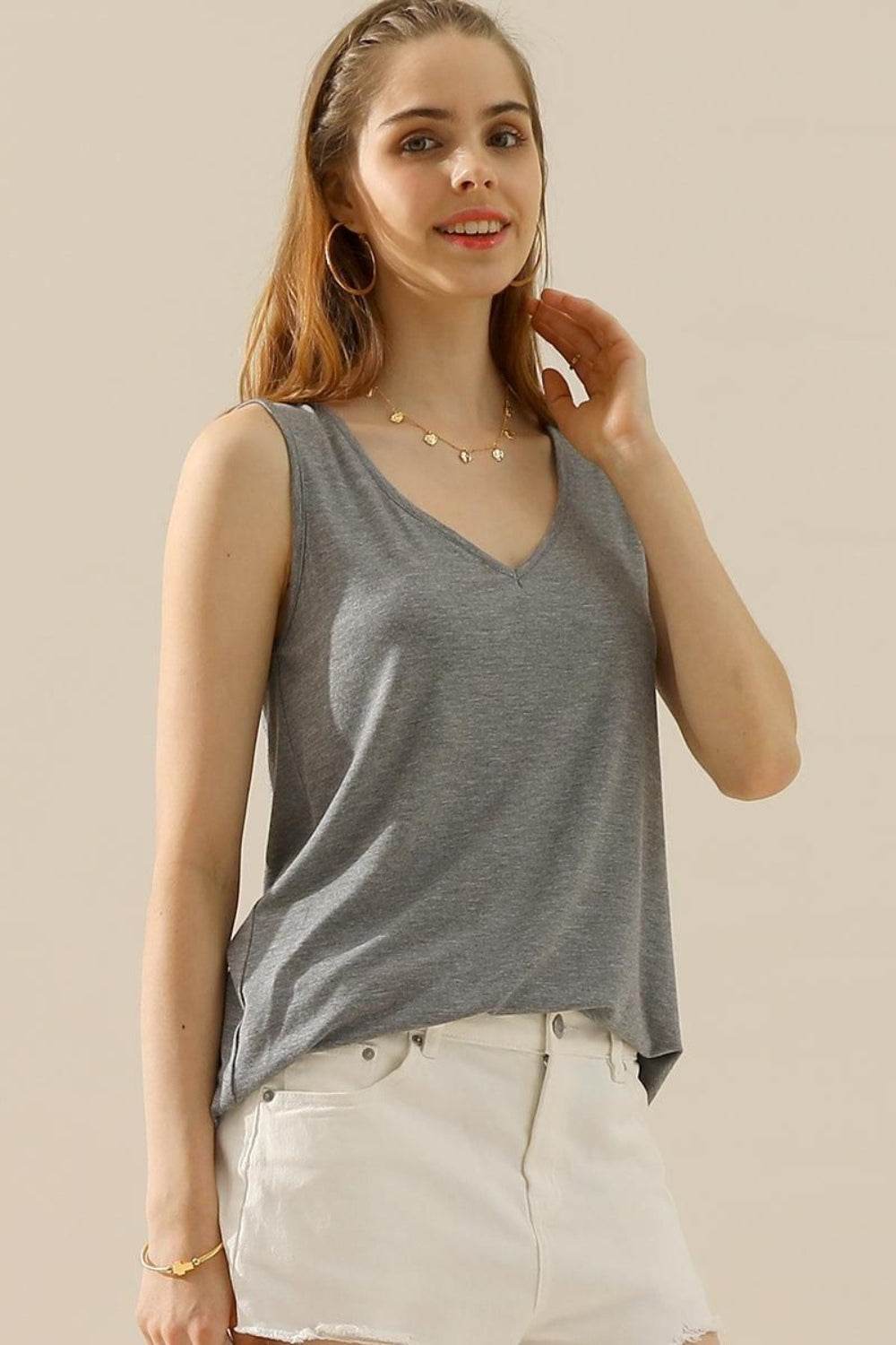 Ninexis Full Size V-Neck Curved Hem Tank - DaTrendStore.Com