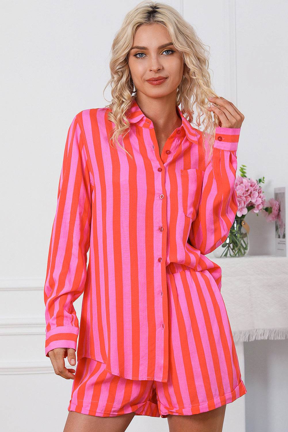 Striped Pocketed Button Up Shirt and Shorts Set - DaTrendStore.Com