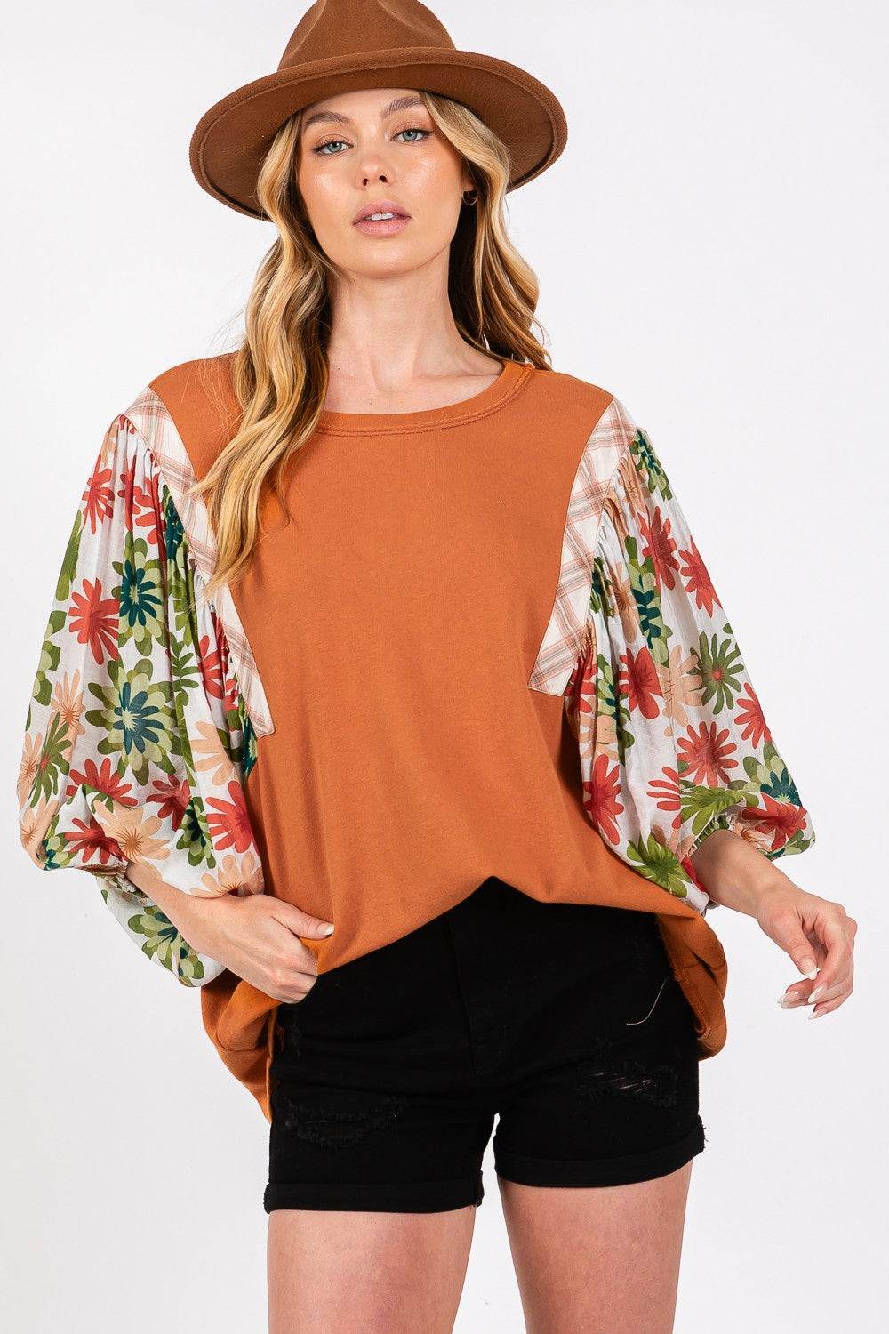 SAGE + FIG Full Size Printed Balloon Sleeve Contrast Top - DaTrendStore.Com