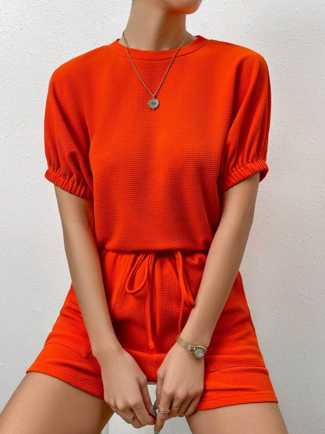 Waffle-Knit Round Neck T-Shirt and Pocketed Shorts Lounge Set - DaTrendStore.Com