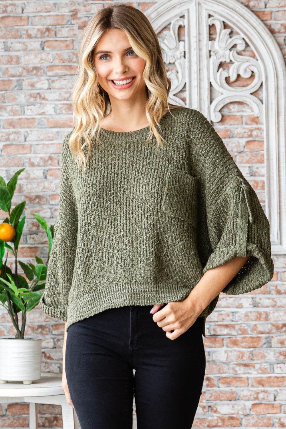 Veveret Round Neck Roll-Up Sweater - DaTrendStore.Com