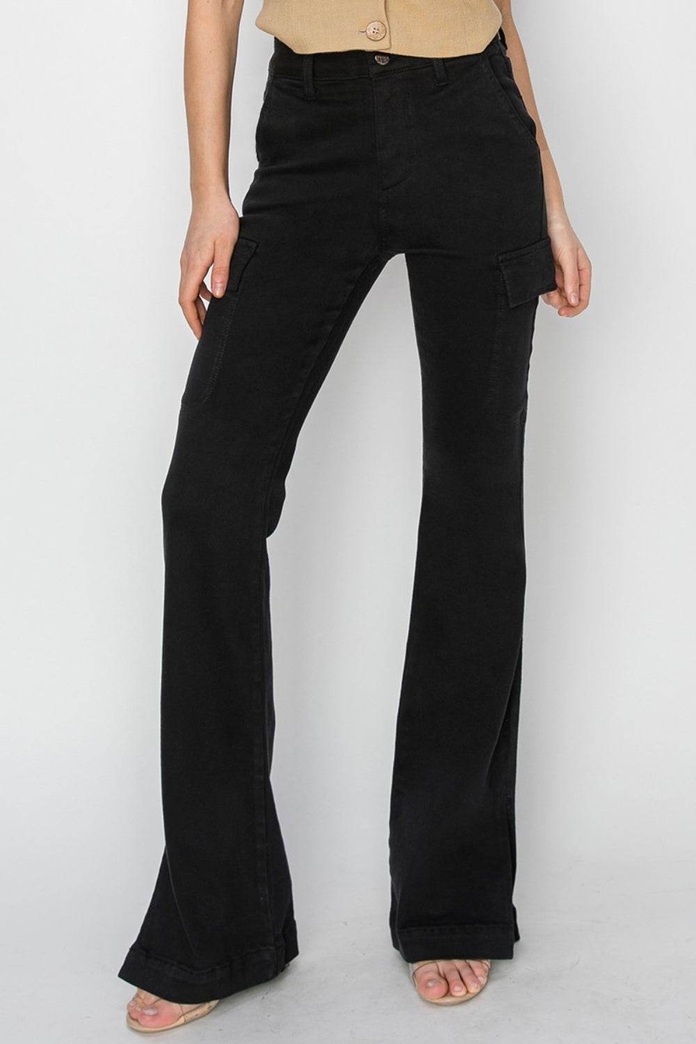 RISEN Full Size High Rise Side Slit Cargo Bootcut Jeans - DaTrendStore.Com
