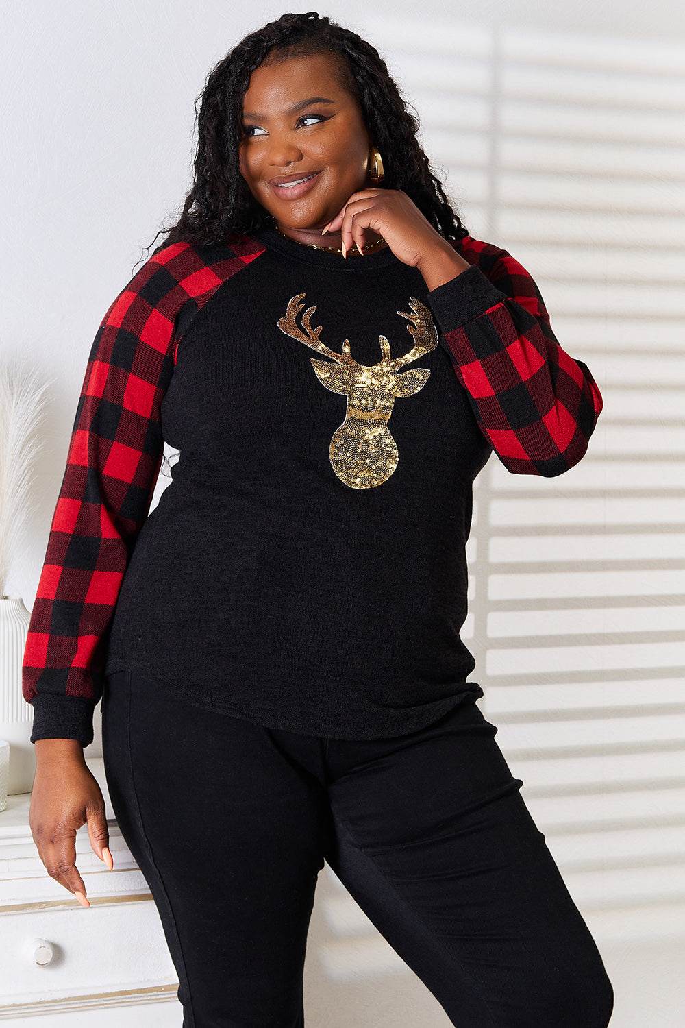 Heimish Full Size Sequin Reindeer Graphic Plaid Top - DaTrendStore.Com
