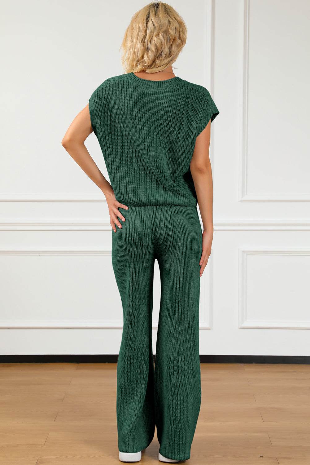 Pocketed V-Neck Top and Wide Leg Sweater Set - DaTrendStore.Com
