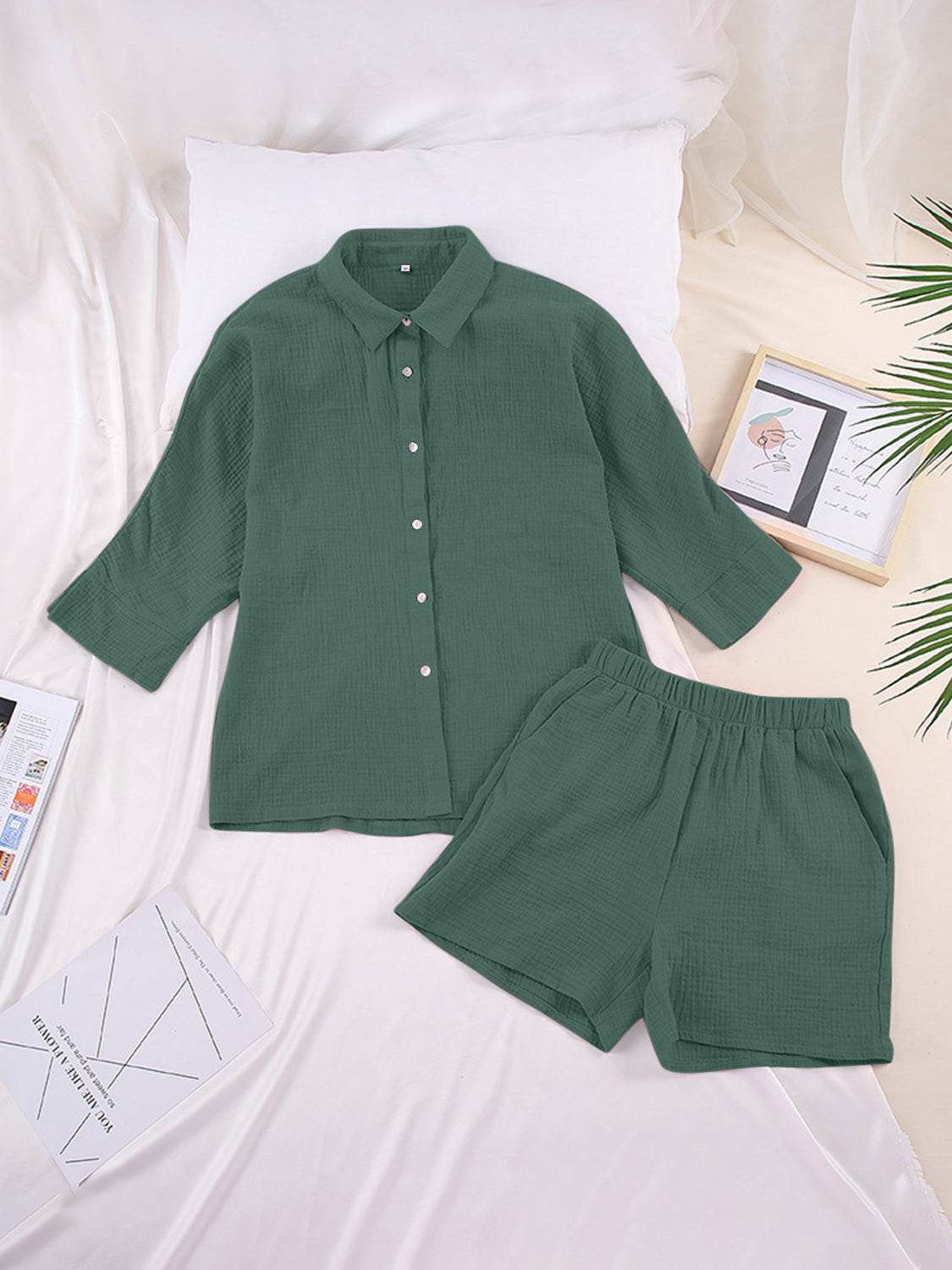 Texture Button Up Shirt and Shorts Set - DaTrendStore.Com
