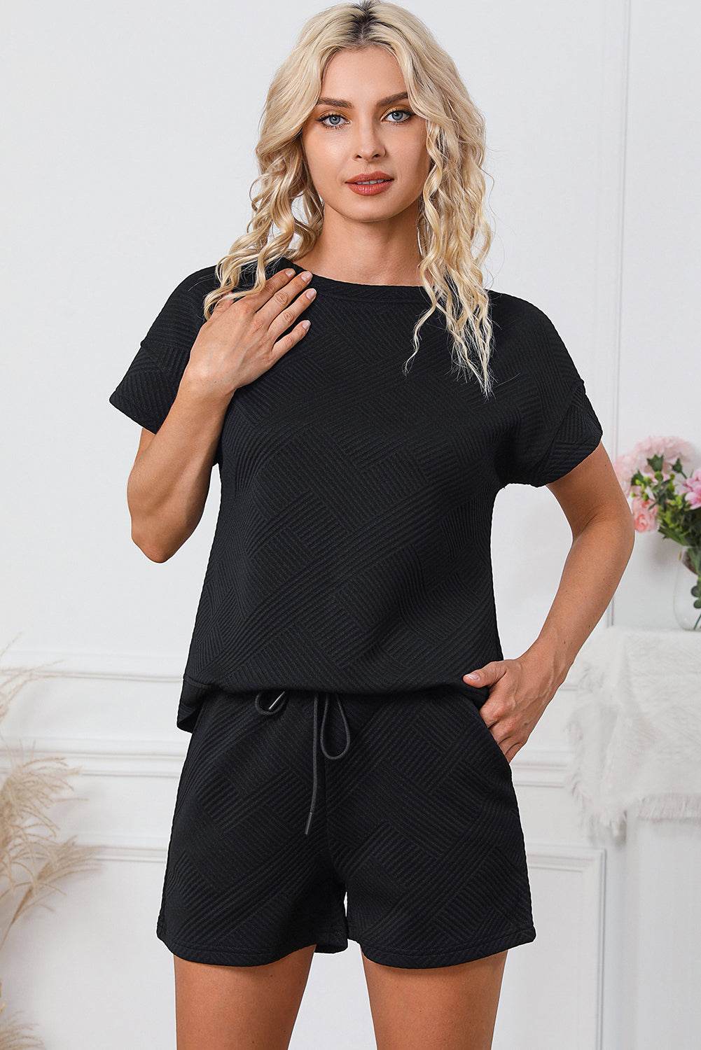 Textured Round Neck T-Shirt and Shorts Set - DaTrendStore.Com