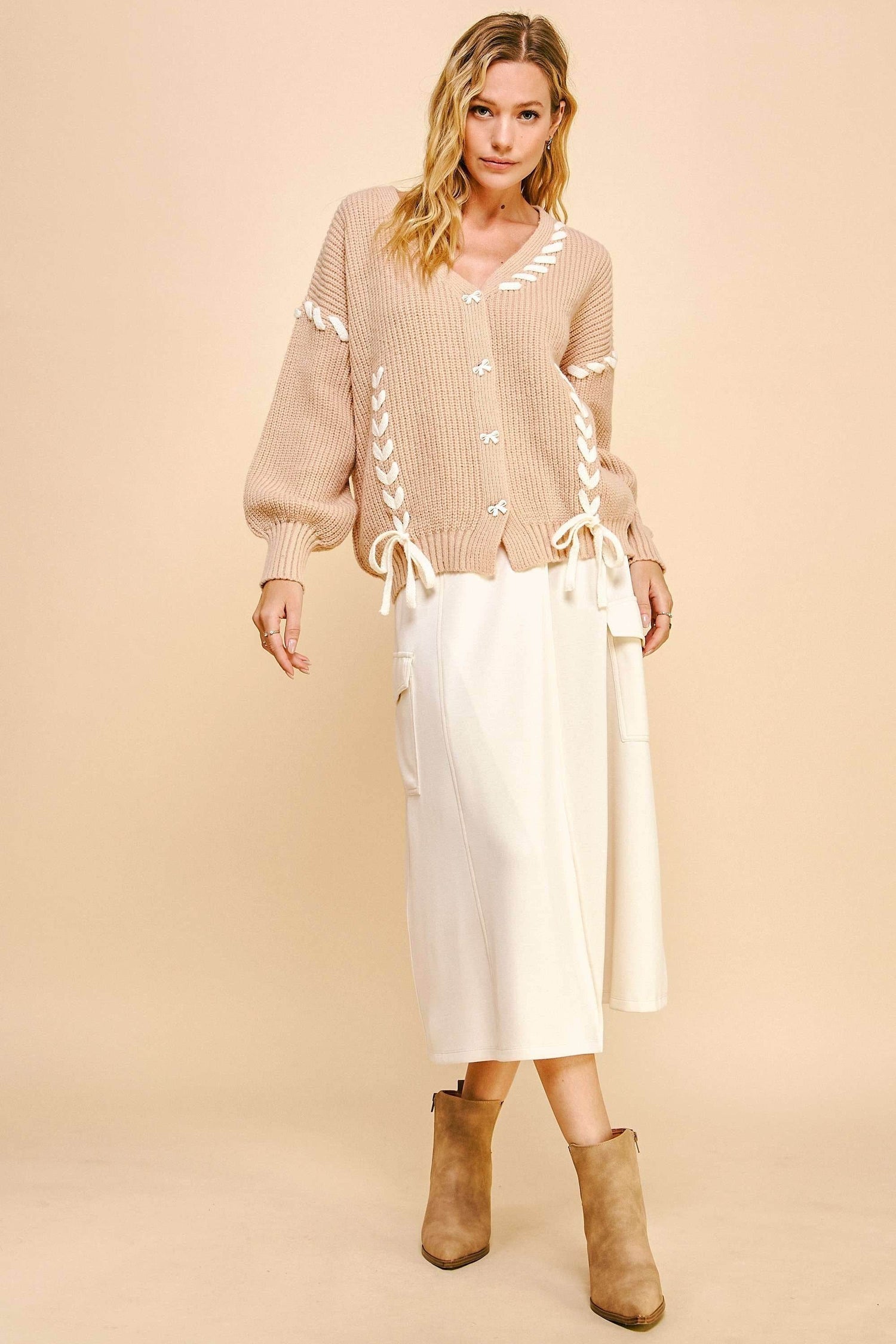 Davi & Dani Lace-Up Ribbon Bow Button Down Cardigan - DaTrendStore.Com