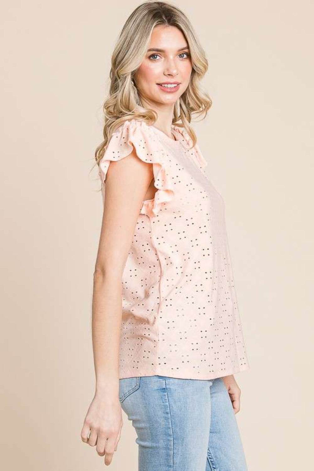 Culture Code Eyelet Round Neck Ruffled Cap Sleeve Top - DaTrendStore.Com