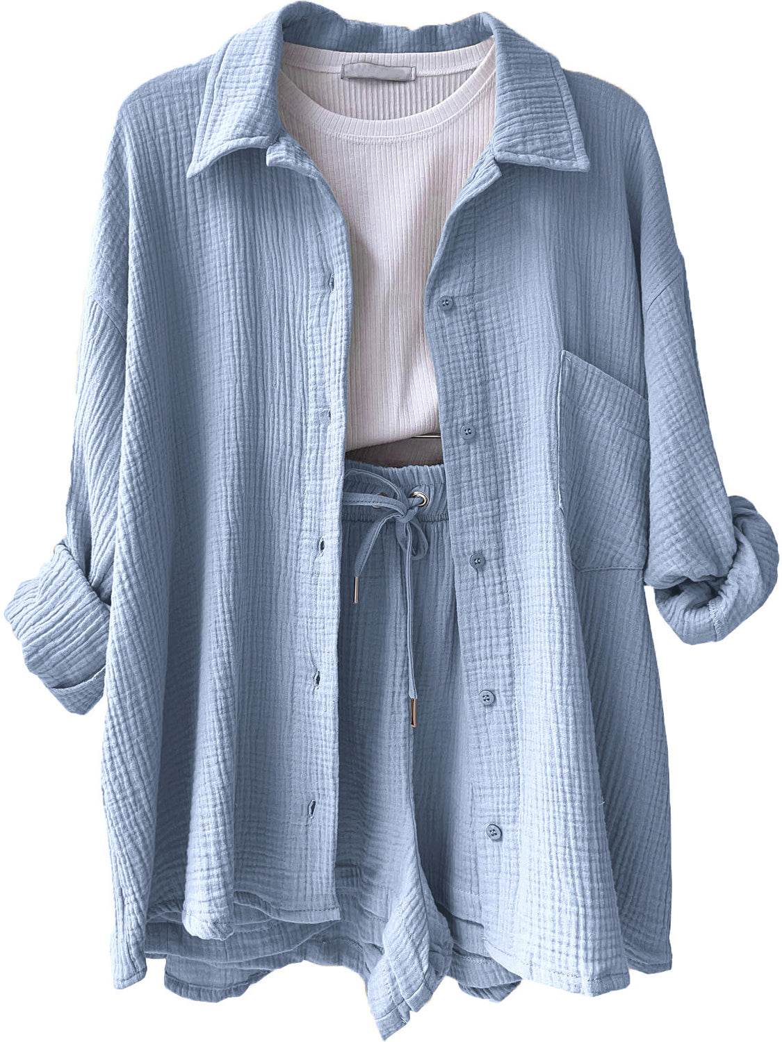 Texture Button Up Shirt and Drawstring Shorts Set - DaTrendStore.Com