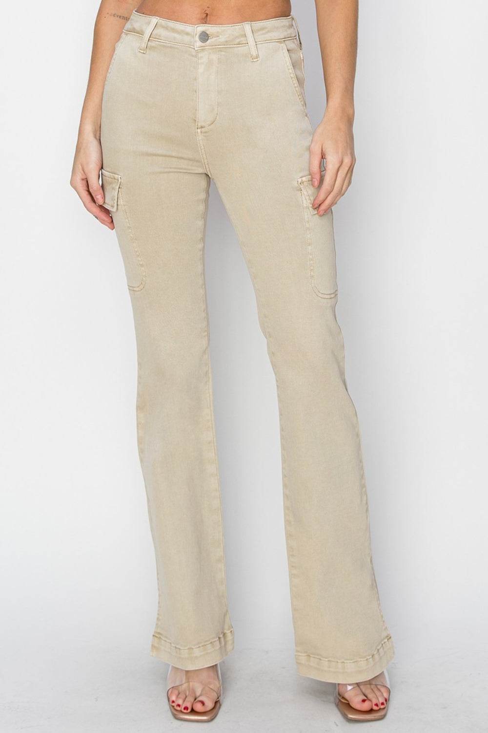 RISEN Full Size High Rise Side Slit Cargo Bootcut Jeans - DaTrendStore.Com