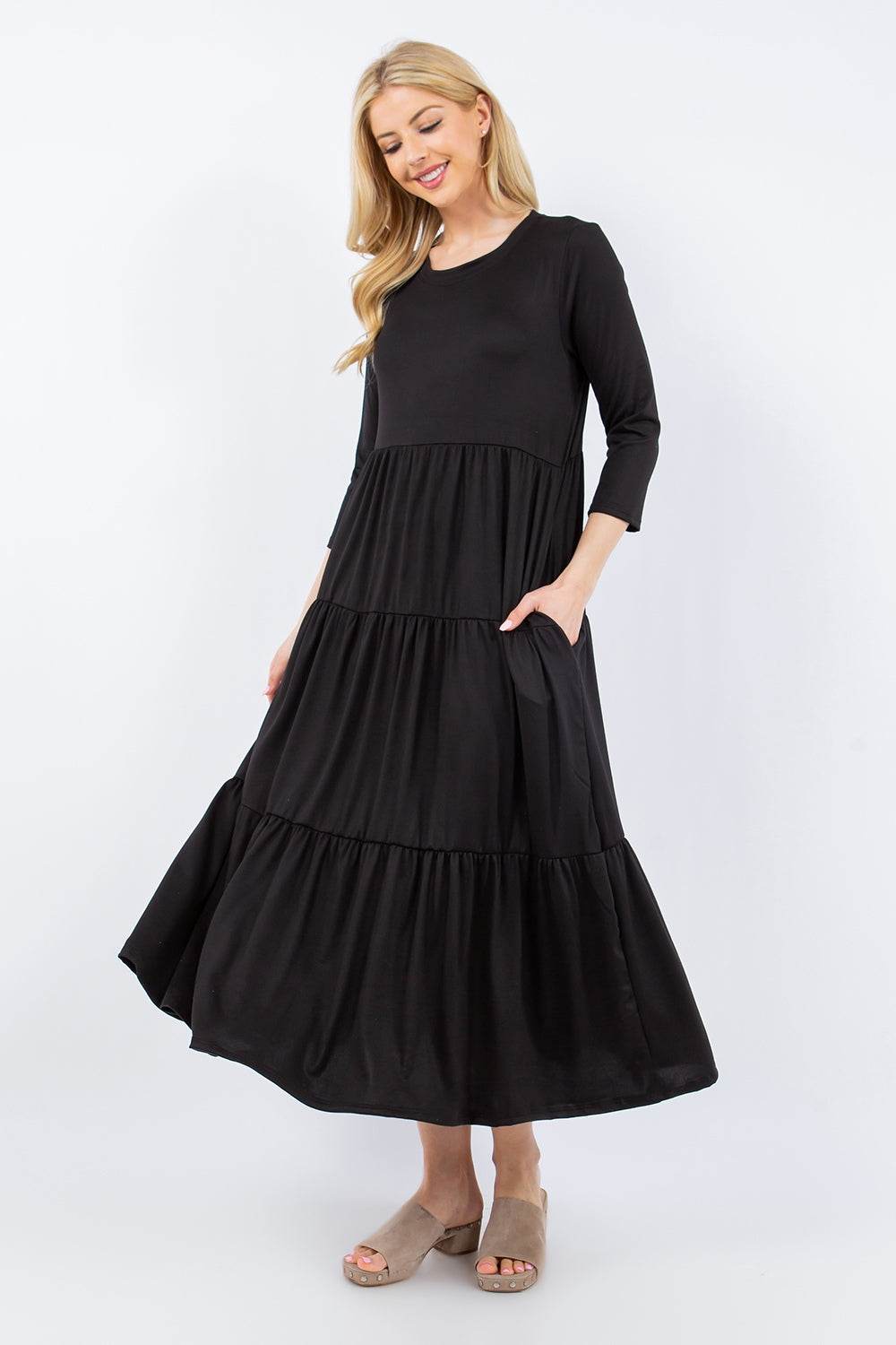 Celeste Full Size Tiered Midi Dress with Pockets - DaTrendStore.Com