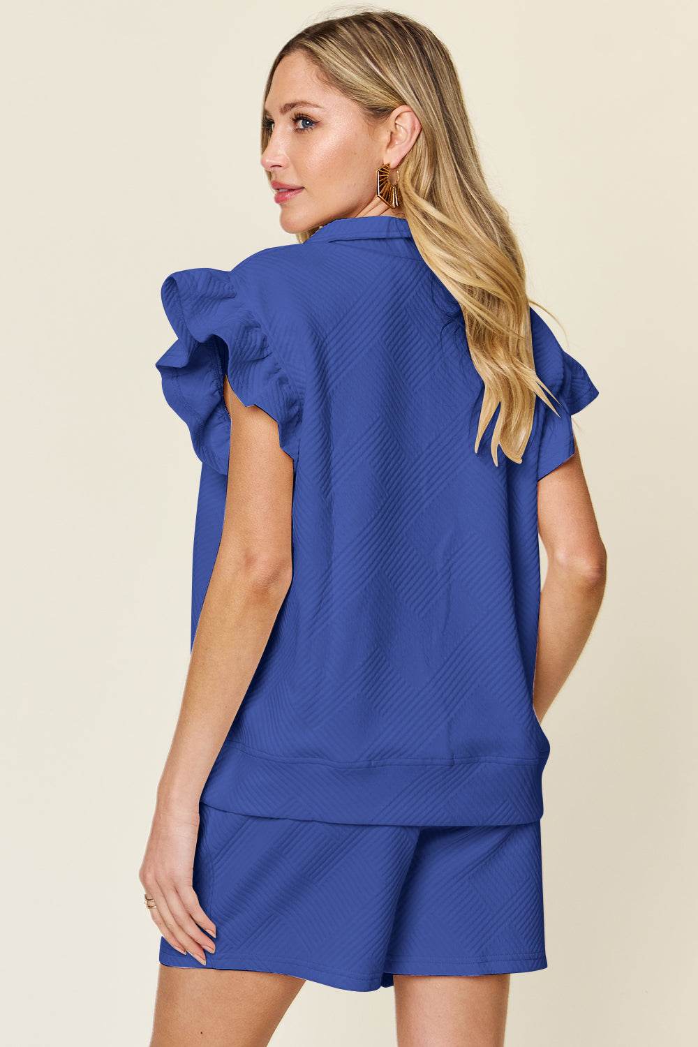 Double Take Full Size Texture Flounce Sleeve Top and Drawstring Shorts Set - DaTrendStore.Com