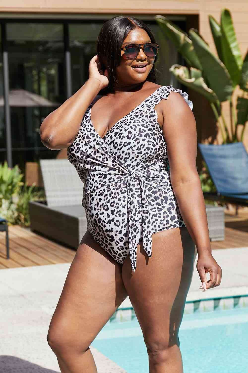 Marina West Swim Full Size Float On Ruffle Faux Wrap One-Piece in Cat - DaTrendStore.Com