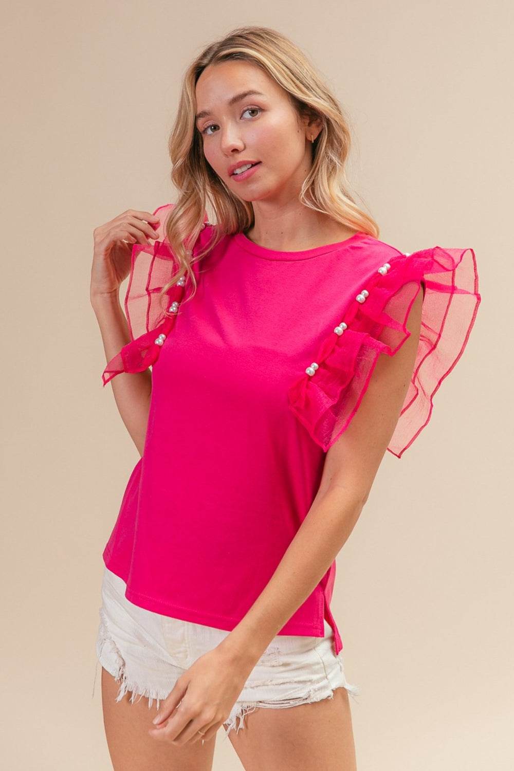 BiBi Pearl Decor Mesh Ruffle Sleeve Top - DaTrendStore.Com