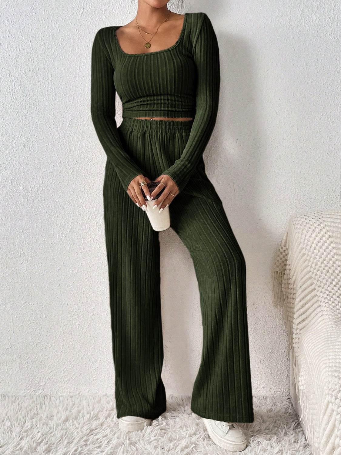 Honey Scoop Neck Long Sleeve Top and Pants Set - DaTrendStore.Com