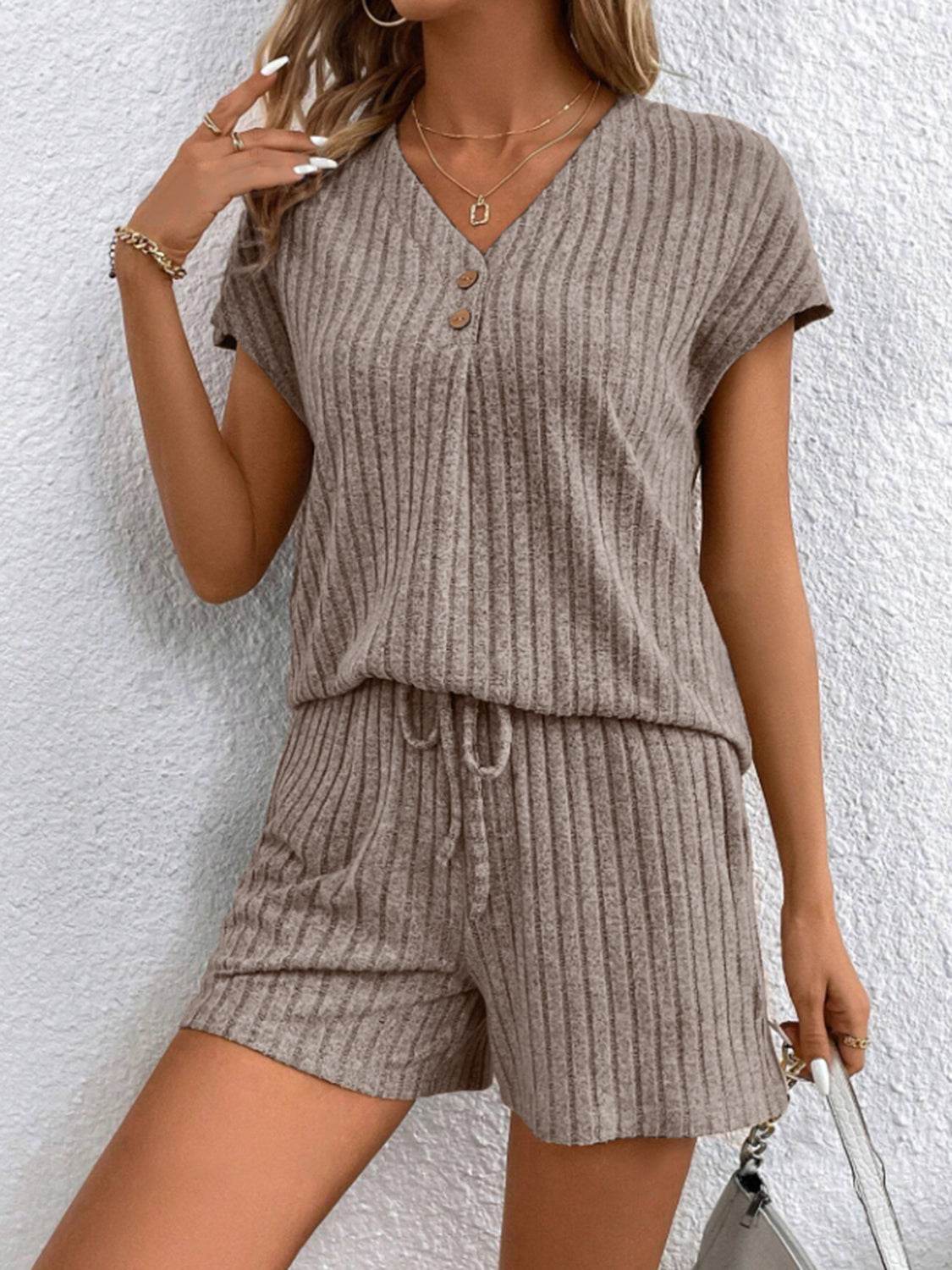 Ribbed V-Neck Top and Shorts Set - DaTrendStore.Com