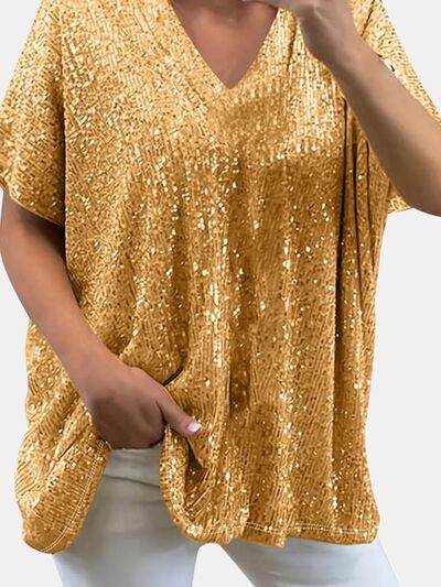 Full Size Sequin V-Neck Short Sleeve Top - DaTrendStore.Com