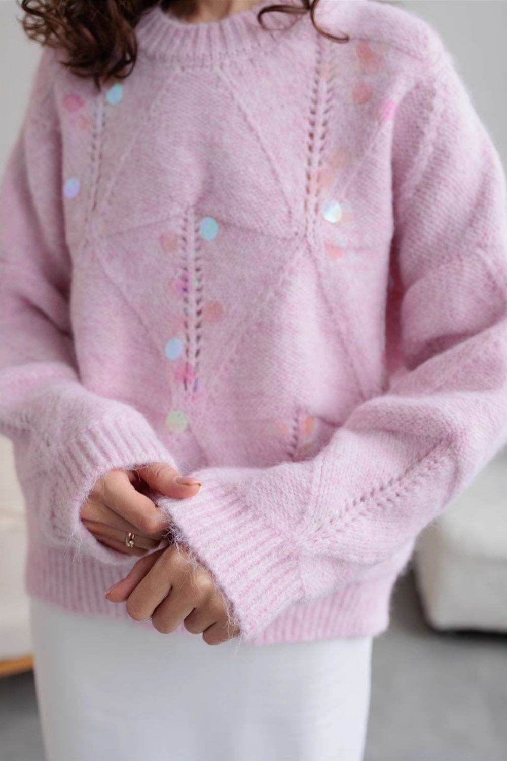 Sequin Round Neck Long Sleeve Sweater - DaTrendStore.Com