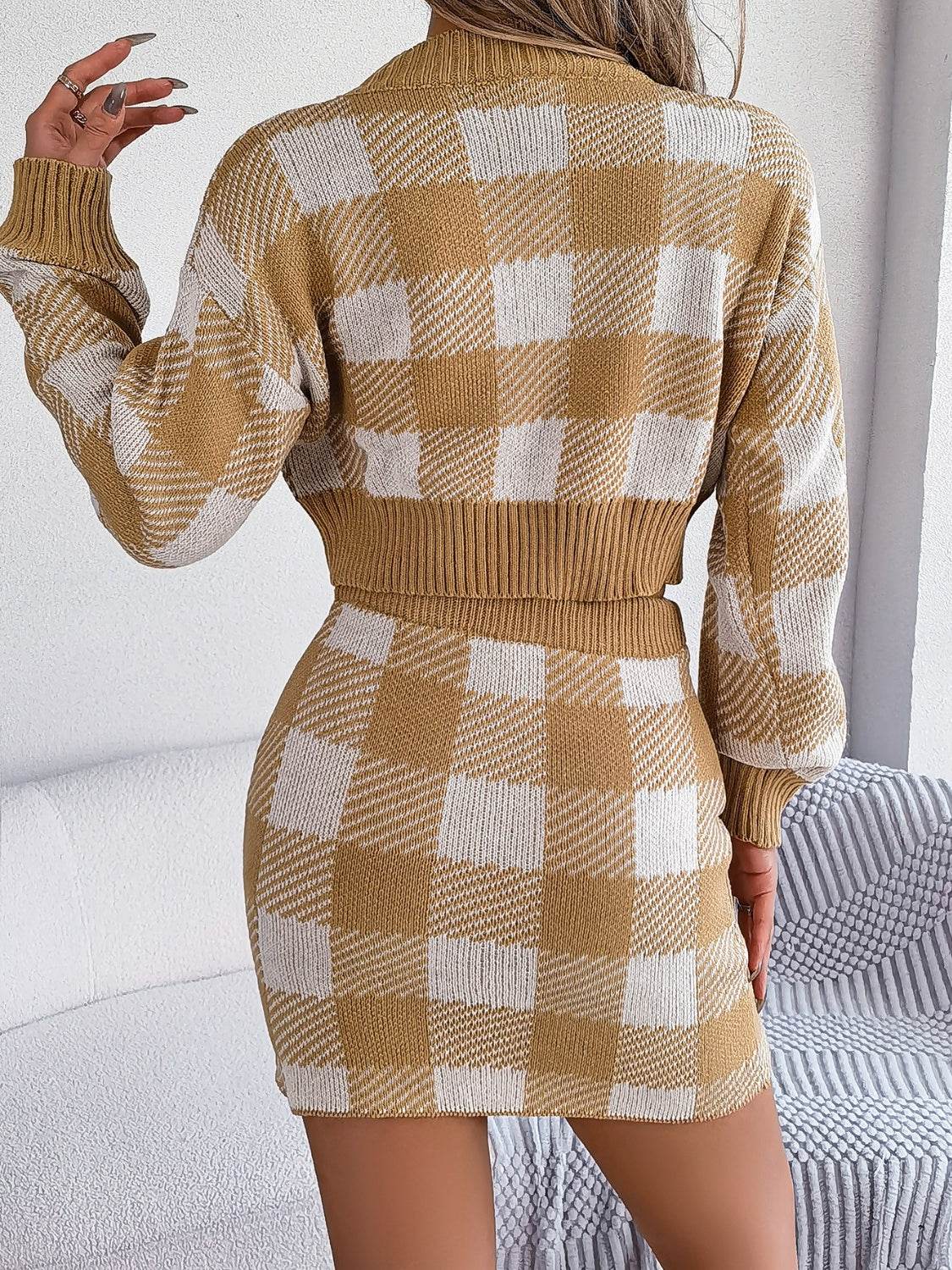 Plaid Round Neck Top and Skirt Sweater Set - DaTrendStore.Com