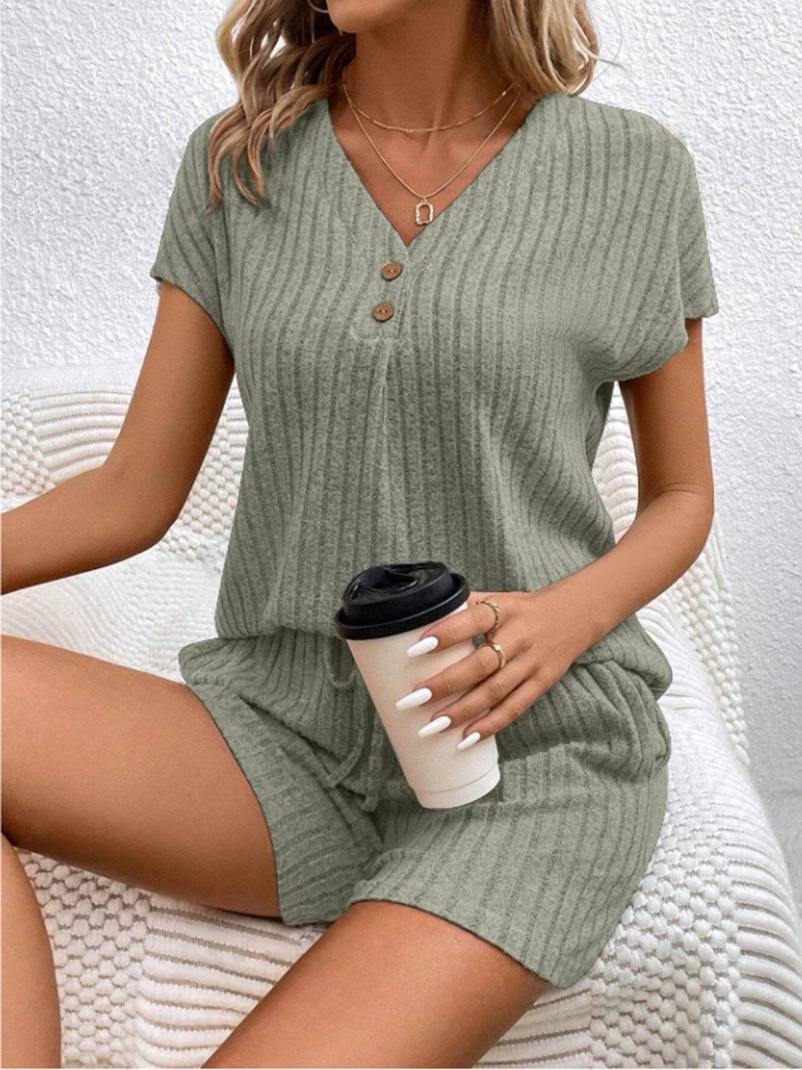 Ribbed V-Neck Top and Shorts Set - DaTrendStore.Com