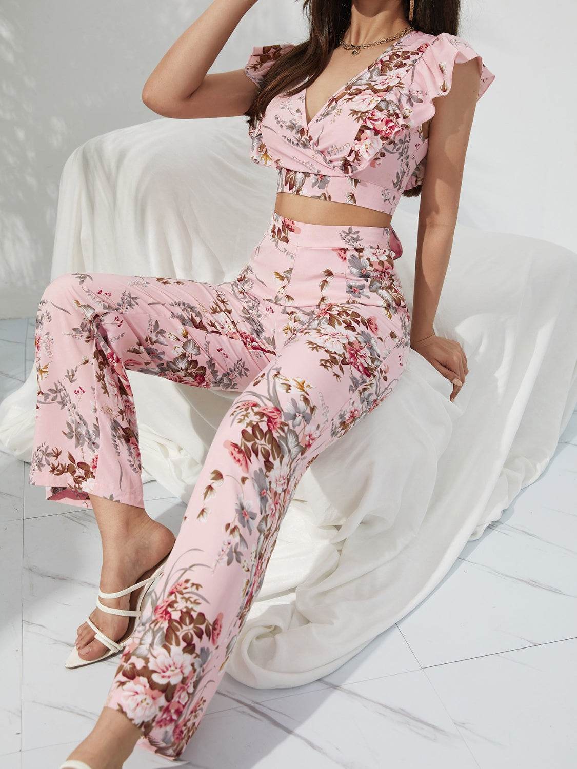 Honey Printed Surplice Cap Sleeve Top and Pants Set - DaTrendStore.Com