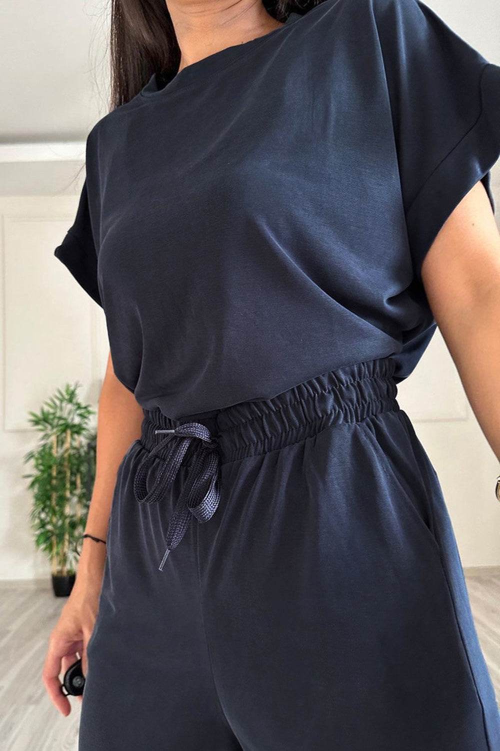 Round Neck Short Sleeve Top and Drawstring Pants Set - DaTrendStore.Com