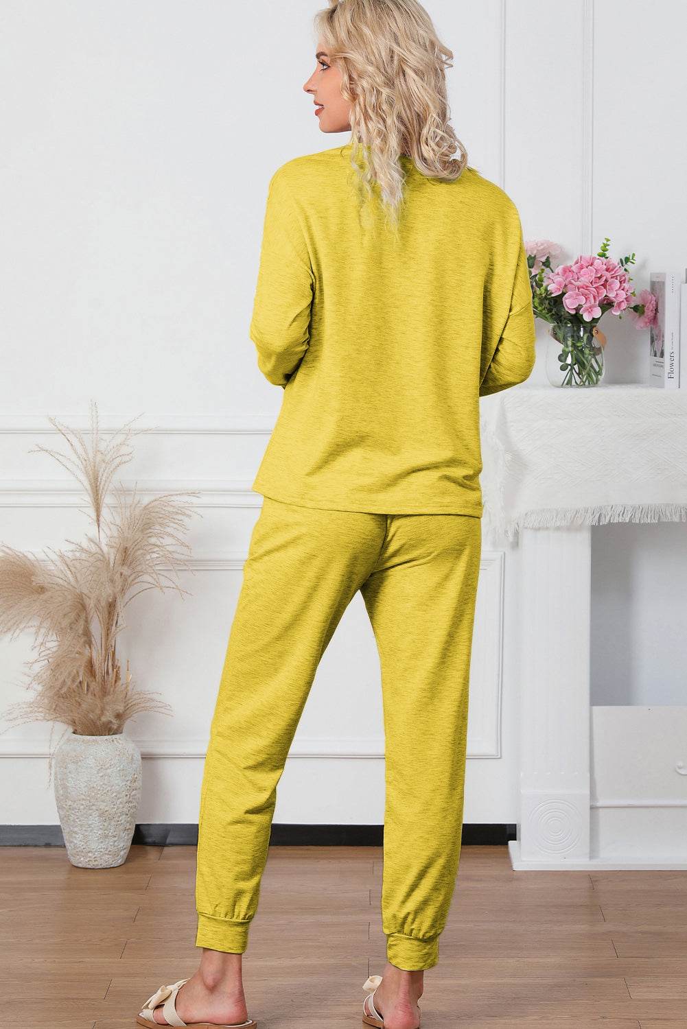 Round Neck Top and Drawstring Pants Lounge Set - DaTrendStore.Com