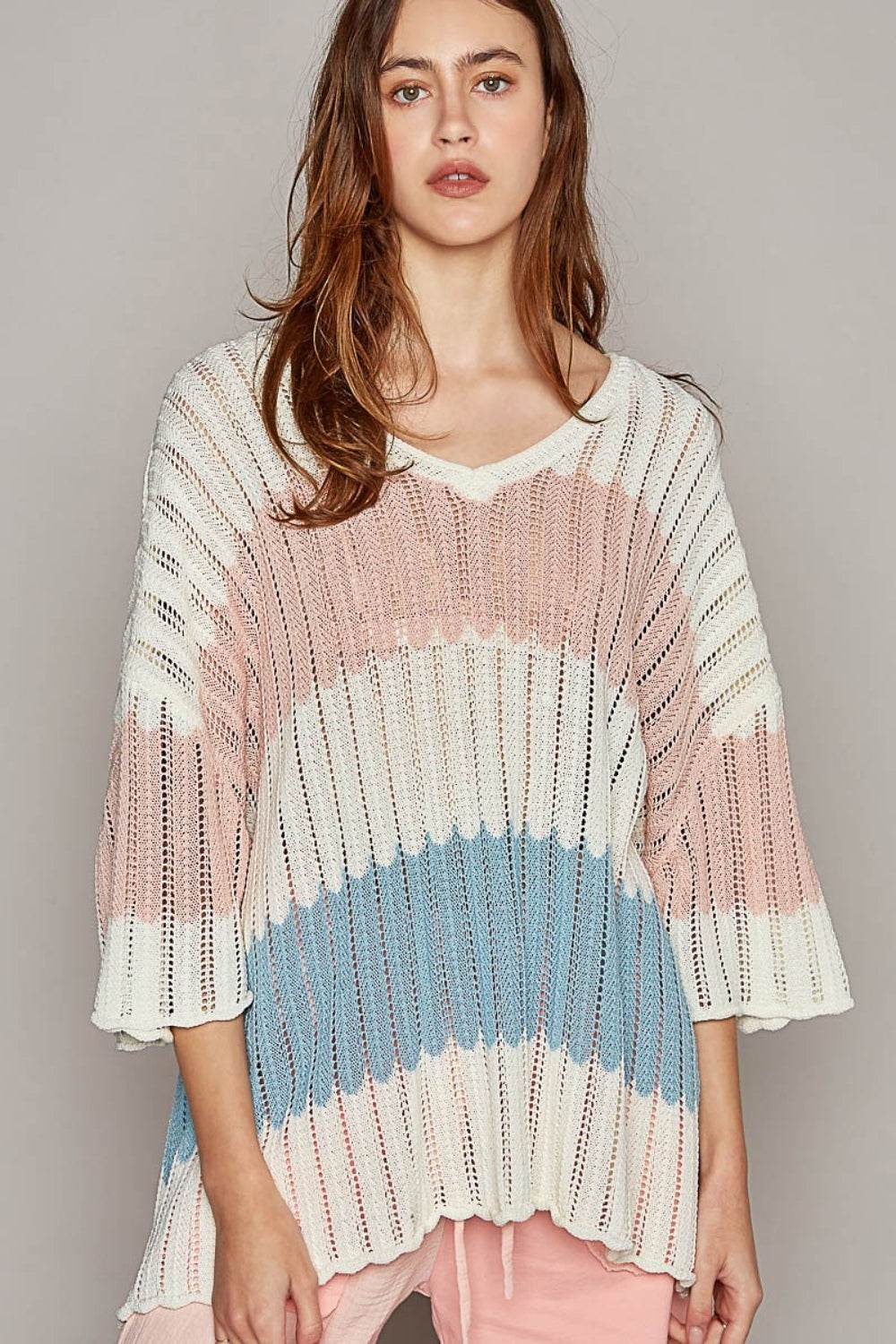 POL V-Neck Short Sleeve Stripe Weave Sweater - DaTrendStore.Com