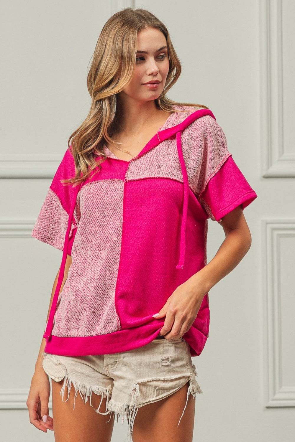 BiBi Color Block Exposed Seam Short Sleeve Hooded Top - DaTrendStore.Com