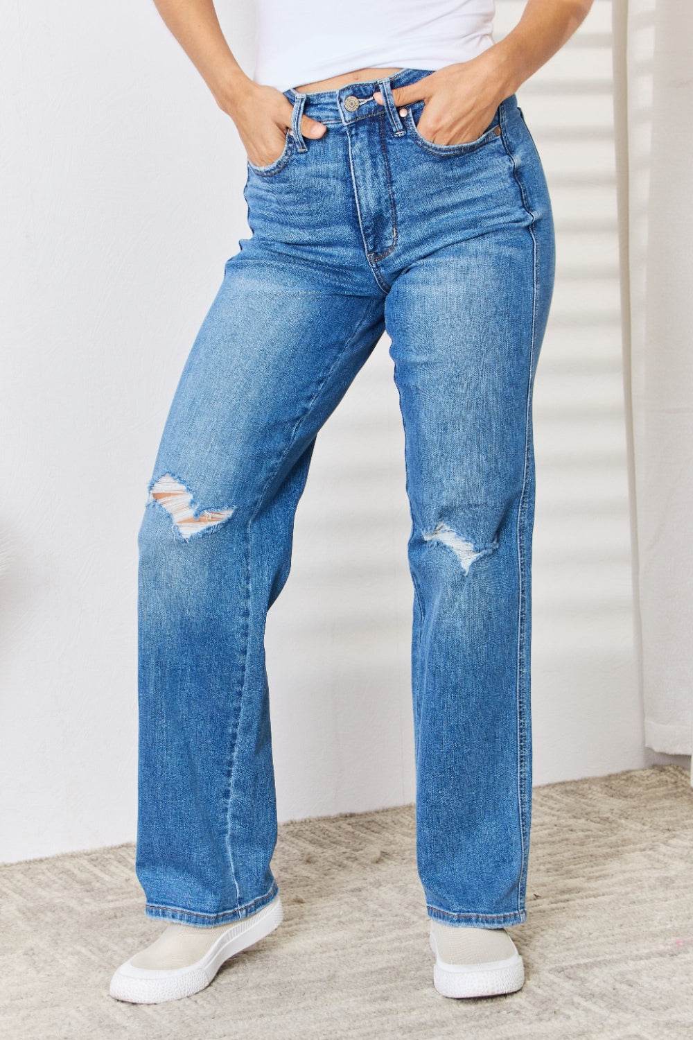 Judy Blue Full Size High Waist Distressed Straight-Leg Jeans - DaTrendStore.Com