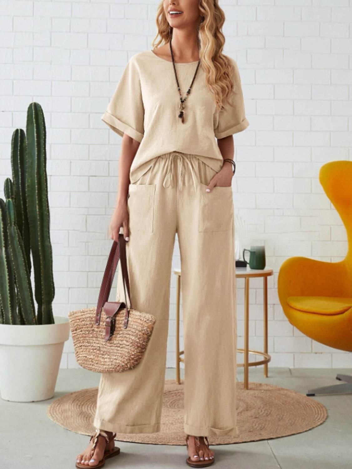 Round Neck Half Sleeve Top and Pocketed Pants Set - DaTrendStore.Com