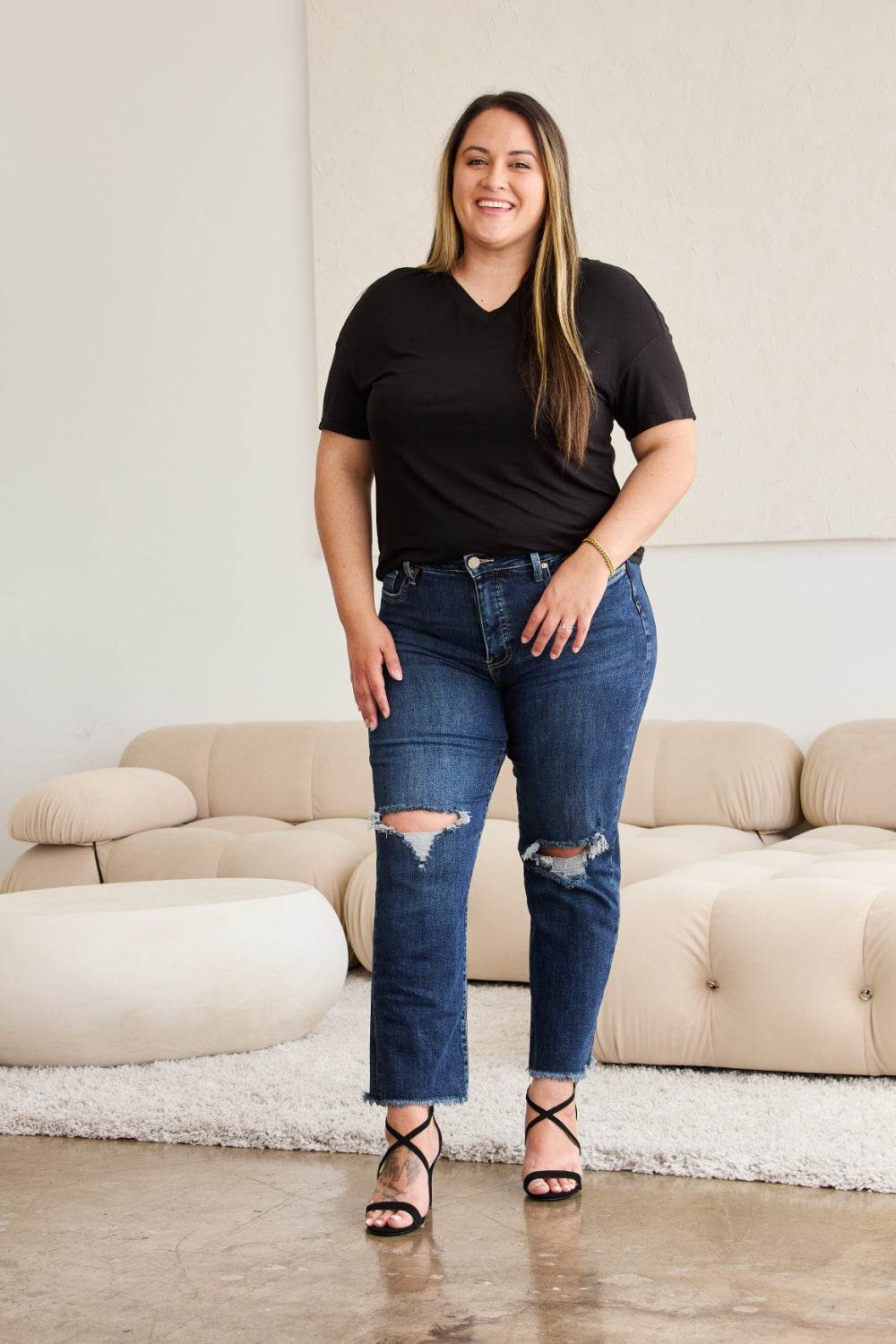 RFM Crop Dylan Full Size Tummy Control Distressed High Waist Raw Hem Jeans - DaTrendStore.Com