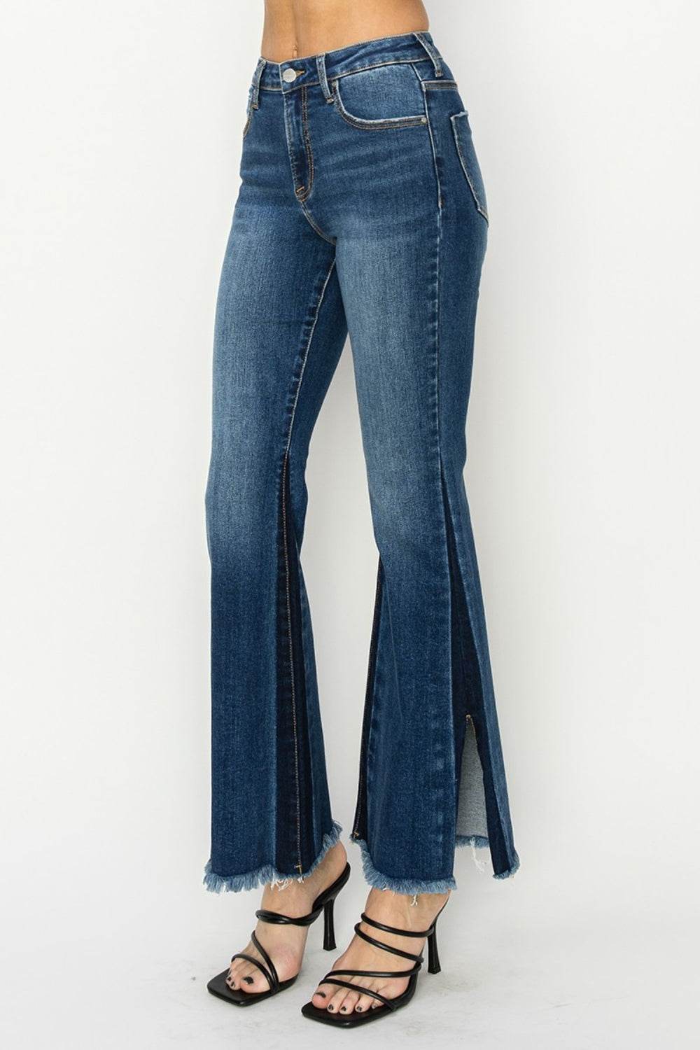 RISEN Full Size High Rise Side Shadow Seam Detail Slit Flare Jeans - DaTrendStore.Com