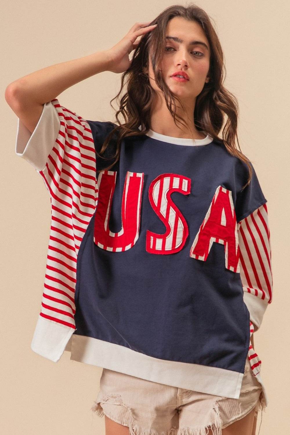 BiBi USA Letter Patchwork Contrast Short Sleeve T-Shirt - DaTrendStore.Com