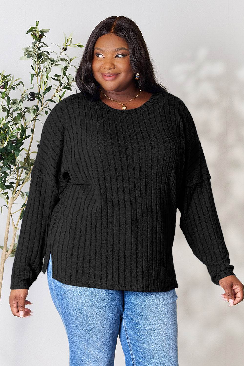 Basic Bae Full Size Ribbed Round Neck Slit Knit Top - DaTrendStore.Com