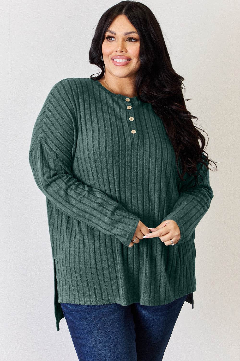 Basic Bae Full Size Ribbed Half Button Long Sleeve High-Low T-Shirt - DaTrendStore.Com