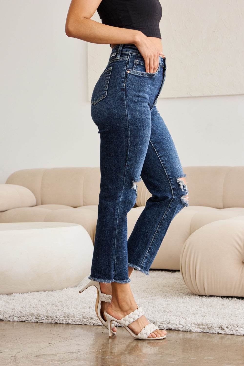 RFM Crop Dylan Full Size Tummy Control Distressed High Waist Raw Hem Jeans - DaTrendStore.Com