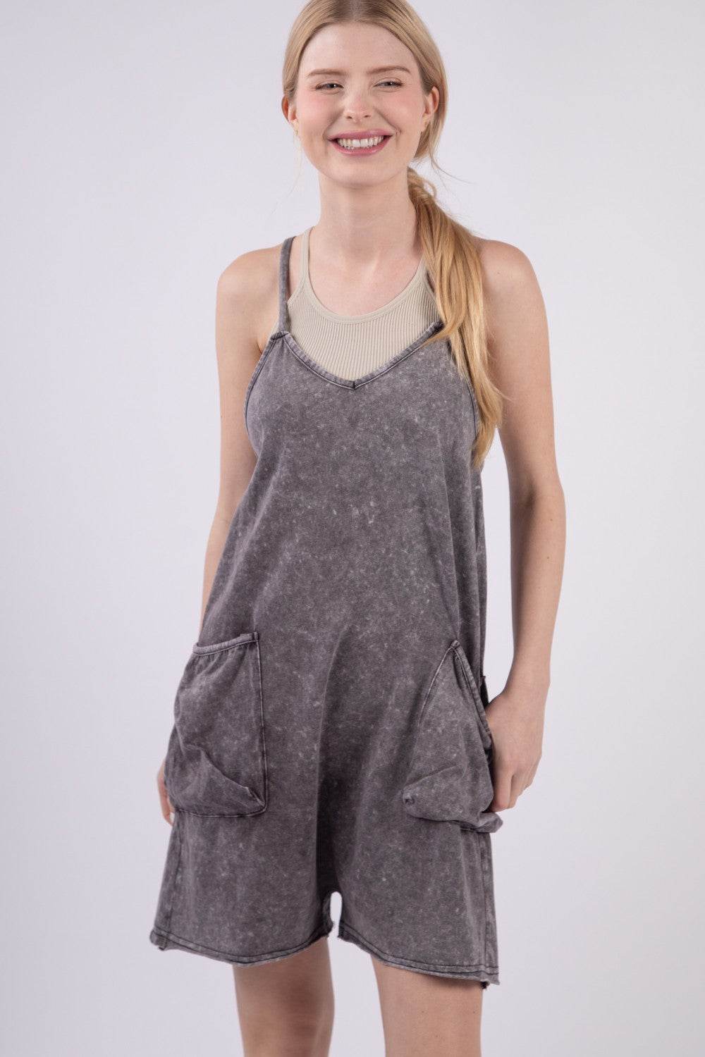VERY J V-Neck Sleeveless Washed Romper - DaTrendStore.Com