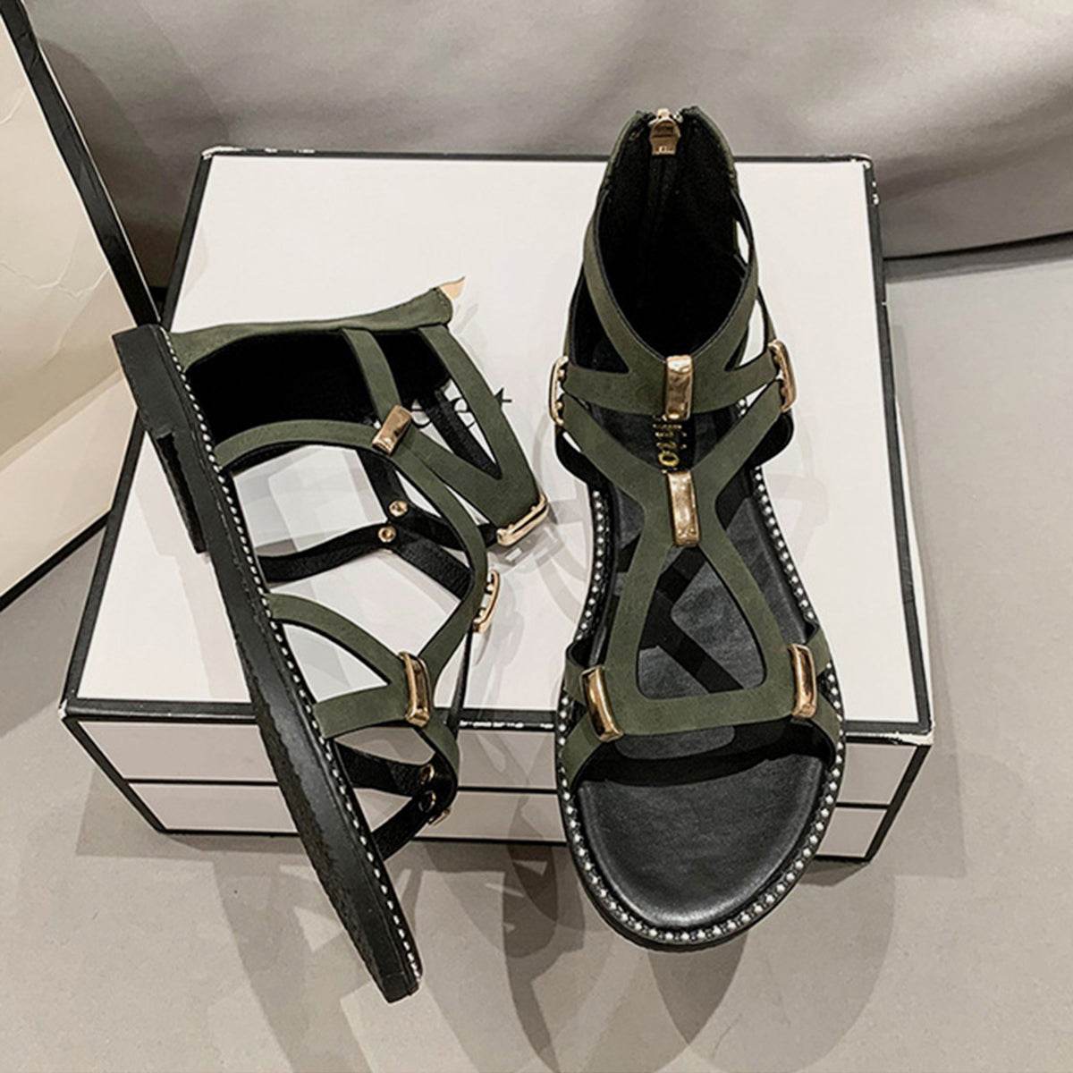 Open Toe Back Zipper Flat Sandals - DaTrendStore.Com