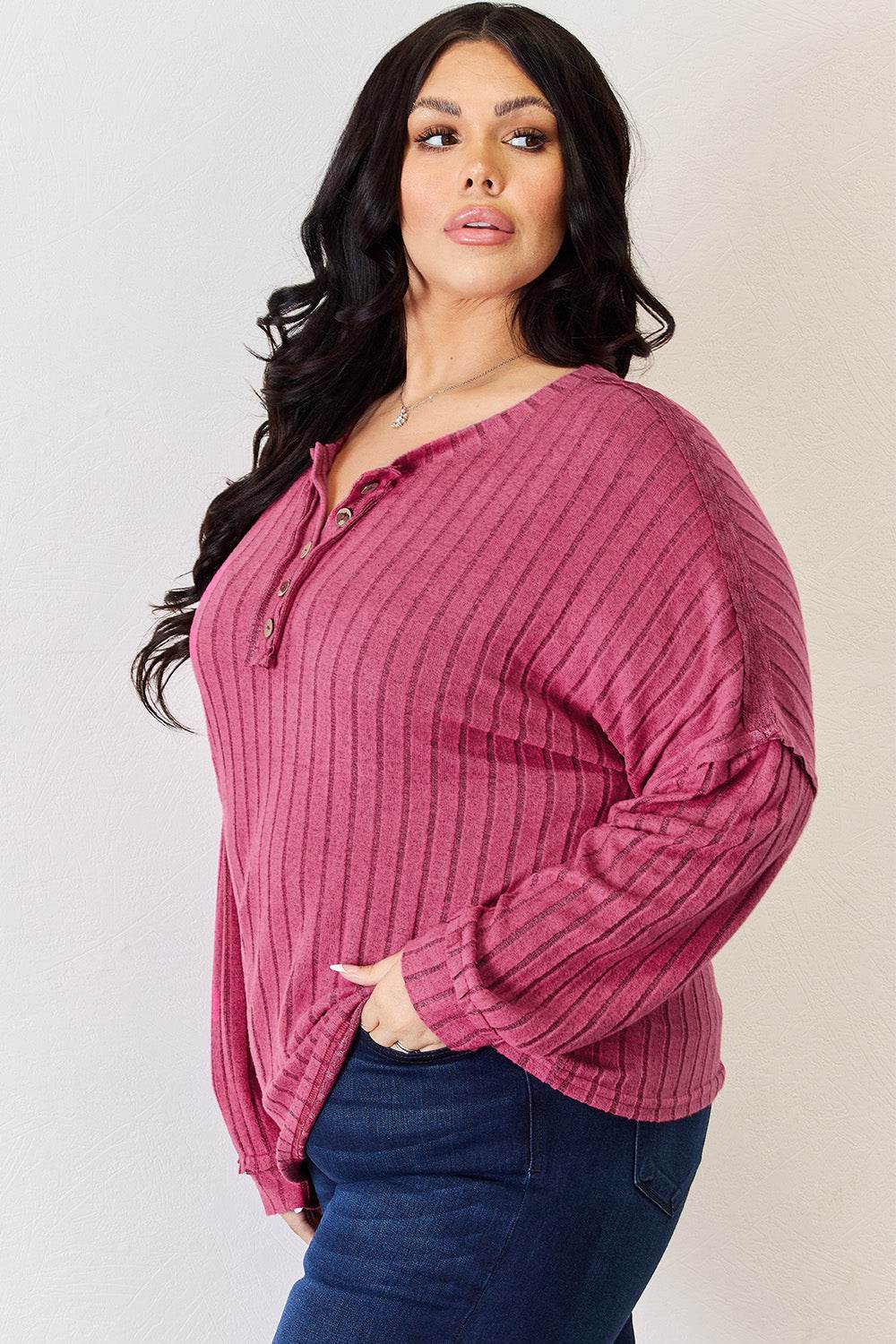 Basic Bae Full Size Ribbed Half Button Long Sleeve High-Low T-Shirt - DaTrendStore.Com