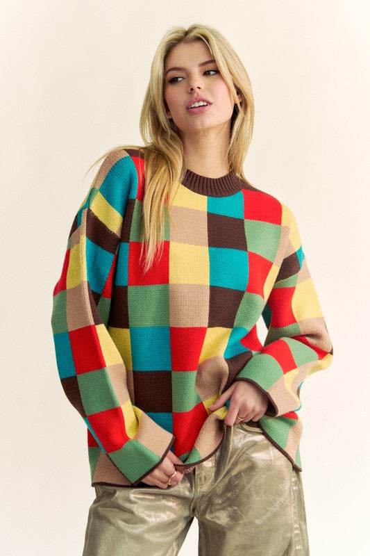 Davi & Dani Color Block Checkered Dropped Shoulder Sweater - DaTrendStore.Com