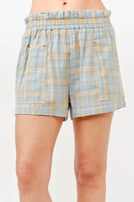 And The Why Blue Plaid Smocked Shorts