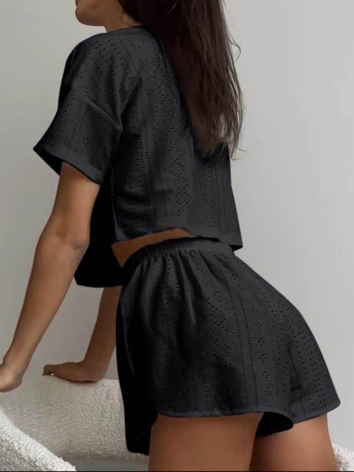 Eyelet Round Neck Top and Shorts Set - DaTrendStore.Com