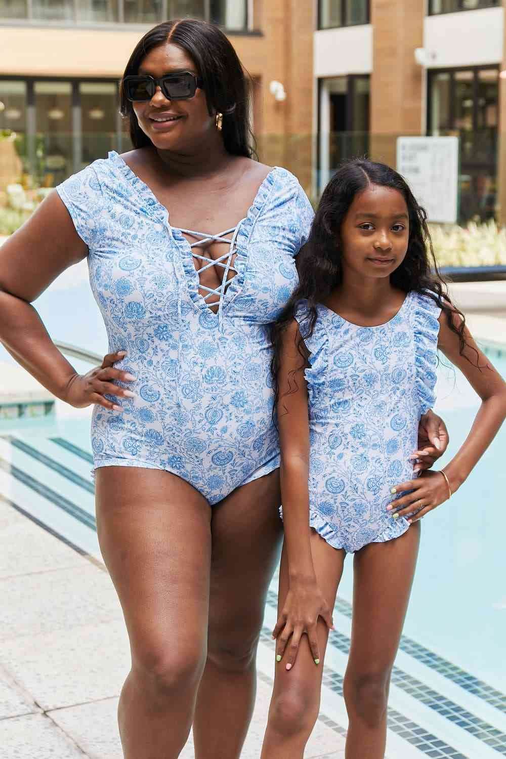 Marina West Swim Bring Me Flowers V-Neck One Piece Swimsuit In Thistle Blue - DaTrendStore.Com
